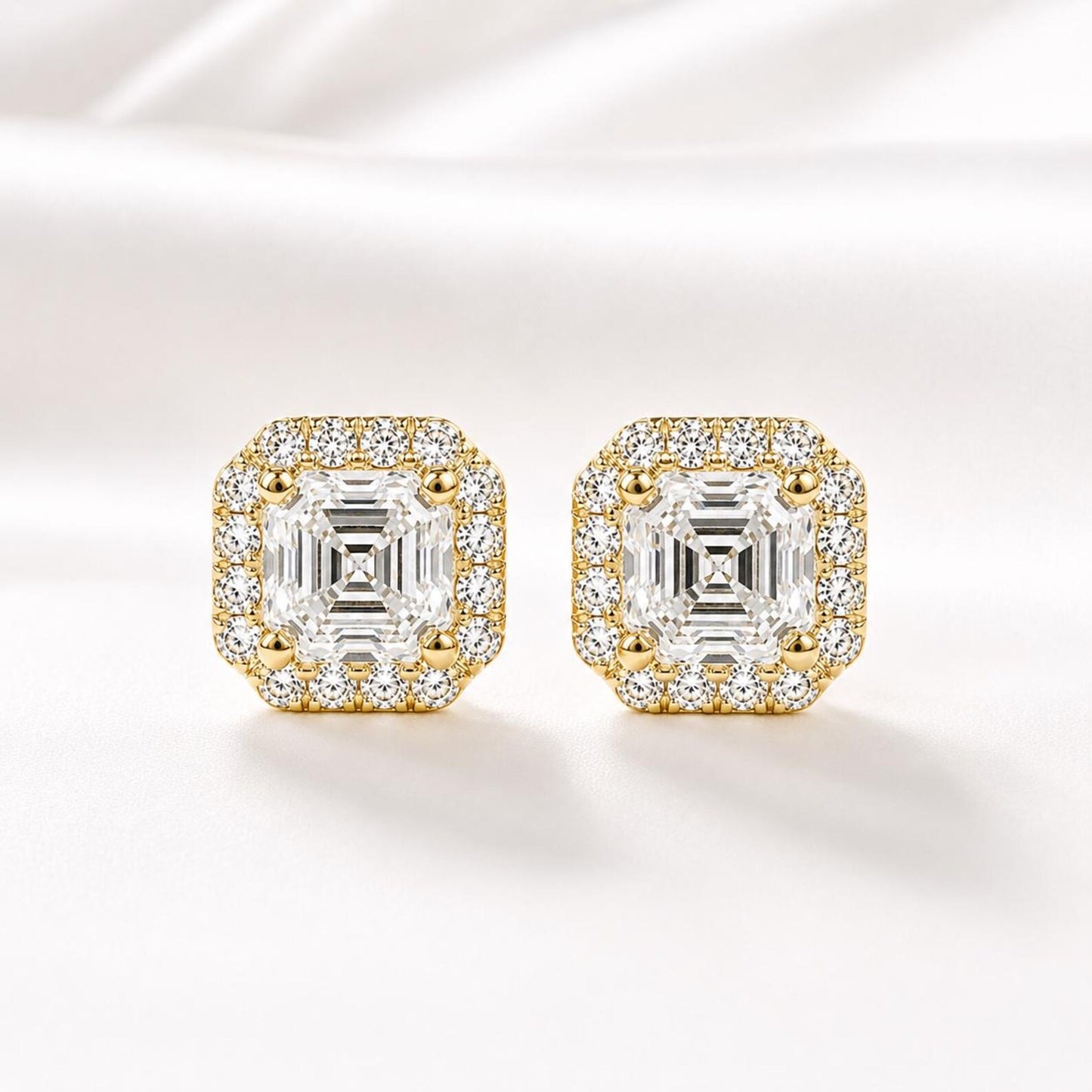 Asscher Cut Lab Grown Diamond Stud Earrings, Halo Diamond Earrings, 14K Solid Gold Earrings, Square Diamond Studs For Women #8954