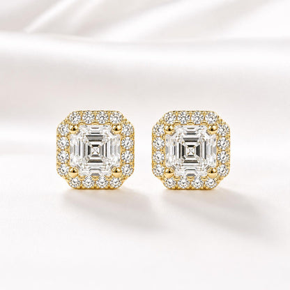 Asscher Cut Lab Grown Diamond Stud Earrings, Halo Diamond Earrings, 14K Solid Gold Earrings, Square Diamond Studs For Women #8954