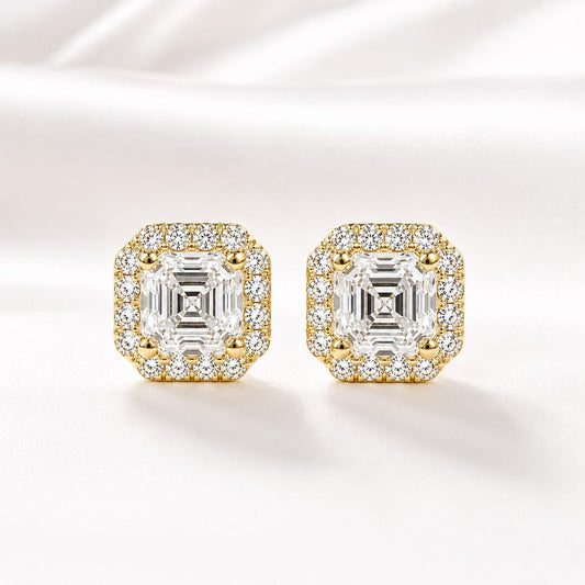 Asscher Cut Lab Grown Diamond Stud Earrings, Halo Diamond Earrings, 14K Solid Gold Earrings, Square Diamond Studs For Women #8954