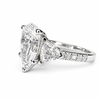 Pear Shaped Lab Grown Diamond Engagement Ring, Three Stone Diamond Ring in 14K White Gold, Luxury Bridal Ring for Women #8948