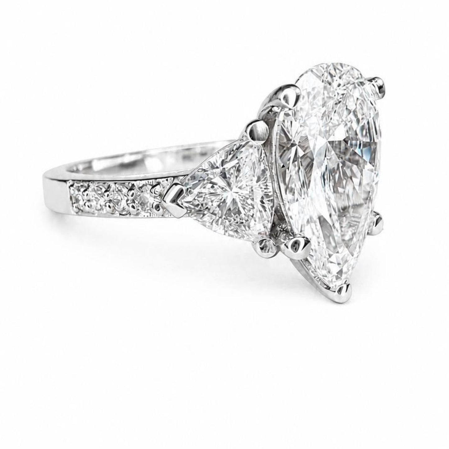 Pear Shaped Lab Grown Diamond Engagement Ring, Three Stone Diamond Ring in 14K White Gold, Luxury Bridal Ring for Women #8948