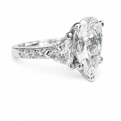 Pear Shaped Lab Grown Diamond Engagement Ring, Three Stone Diamond Ring in 14K White Gold, Luxury Bridal Ring for Women #8948