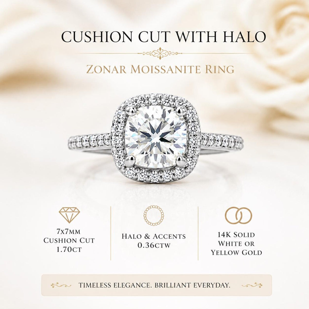 Moissanite Engagement Ring Cushion Cut 14K White Gold, Halo Engagement Ring, Cushion Cut Halo Moissanite Engagement Ring For Ladies, #6886