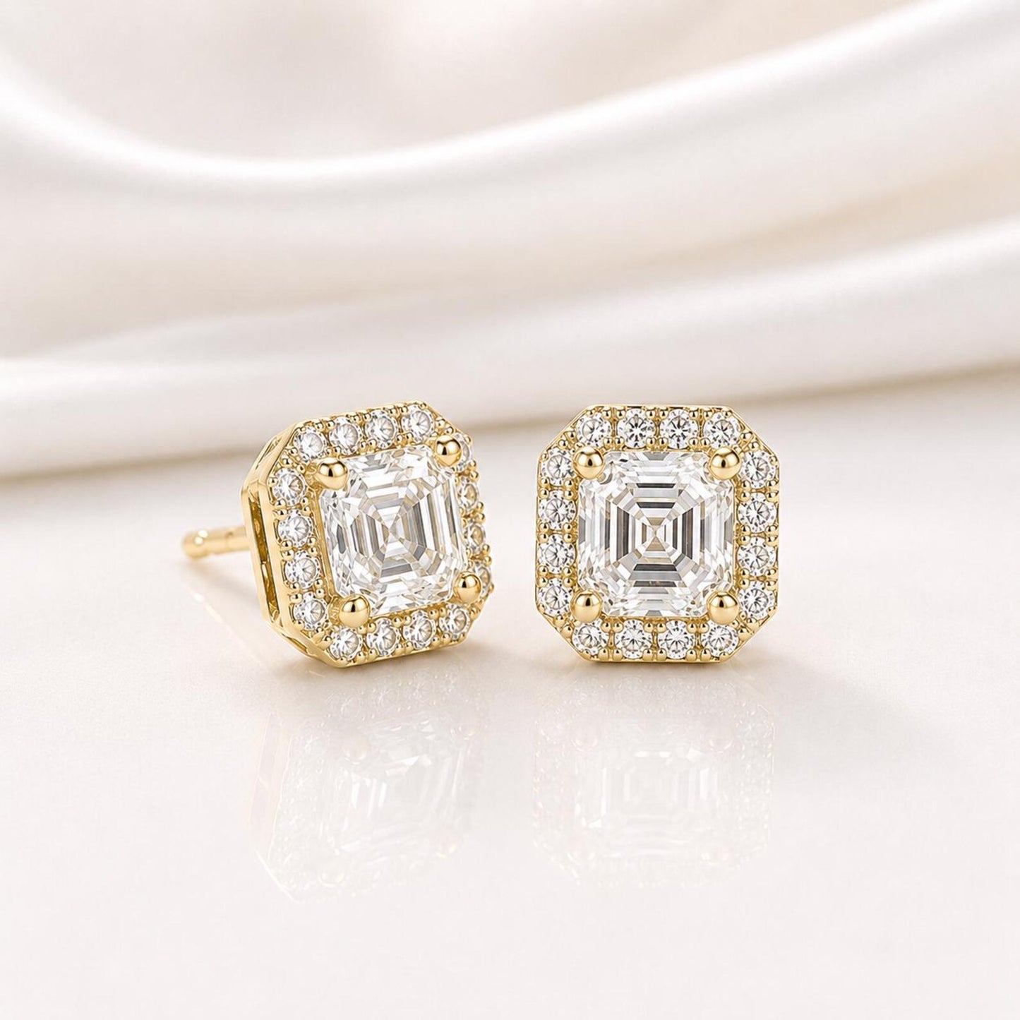 Asscher Cut Lab Grown Diamond Stud Earrings, Halo Diamond Earrings, 14K Solid Gold Earrings, Square Diamond Studs For Women #8954