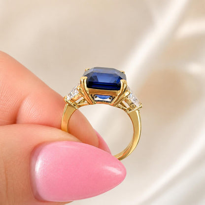 Asscher Cut Blue Sapphire Engagement Ring Solid 14k Yellow Gold, Moissanite Trillion Accents, Moissanite Ring Wedding Ring For Her