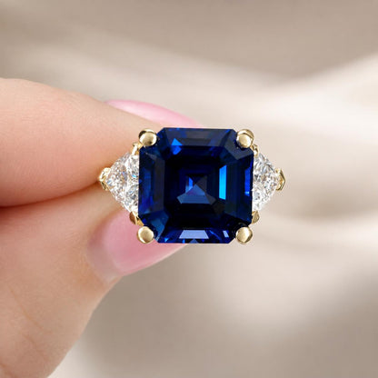Asscher Cut Blue Sapphire Engagement Ring Solid 14k Yellow Gold, Moissanite Trillion Accents, Moissanite Ring Wedding Ring For Her
