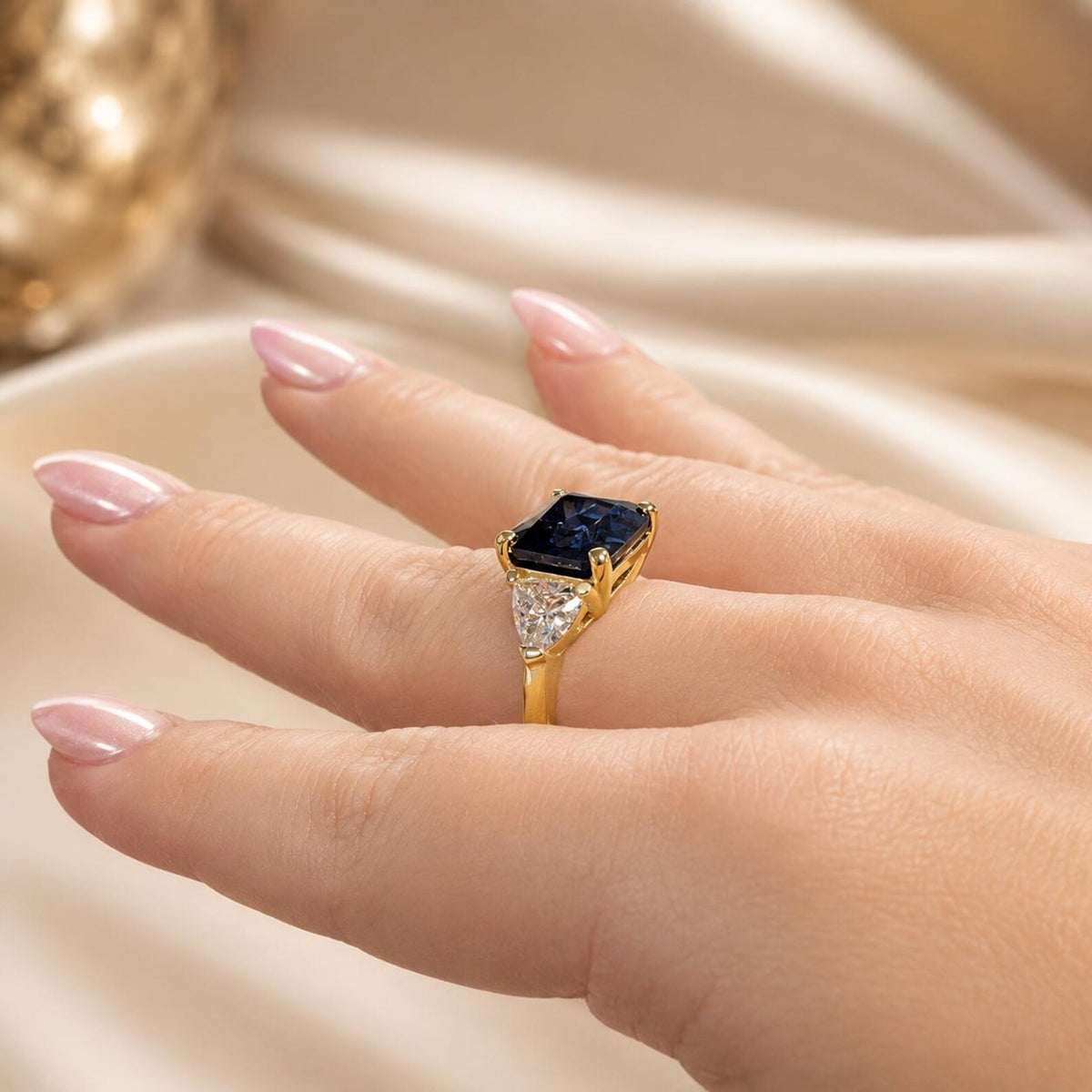 Asscher Cut Blue Sapphire Engagement Ring Solid 14k Yellow Gold, Moissanite Trillion Accents, Moissanite Ring Wedding Ring For Her