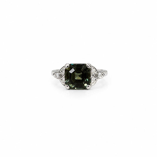 Asscher Cut Olive Green Sapphire Engagement Ring 14K White Gold Unique Olive Green Sapphire Promise Wedding Anniversary Ring For Ladies