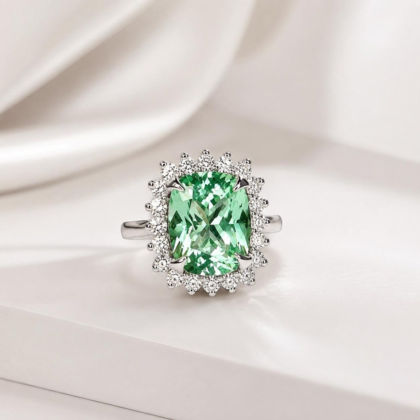 Green Paraiba Elongated Cushion Cut and Moissanite Halo Engagement Ring White Gold  Unique Vintage Anniversary Promise Wedding Rings   #7405