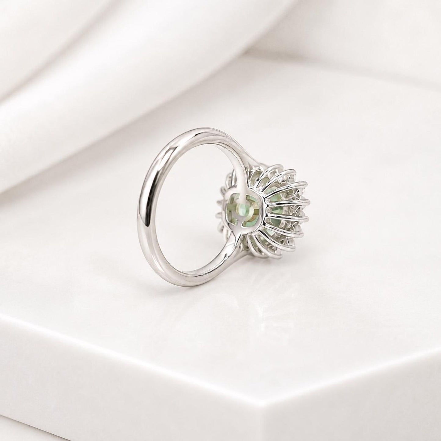 Green Paraiba Elongated Cushion Cut and Moissanite Halo Engagement Ring White Gold  Unique Vintage Anniversary Promise Wedding Rings   #7405