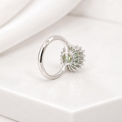 Green Paraiba Elongated Cushion Cut and Moissanite Halo Engagement Ring White Gold  Unique Vintage Anniversary Promise Wedding Rings   #7405