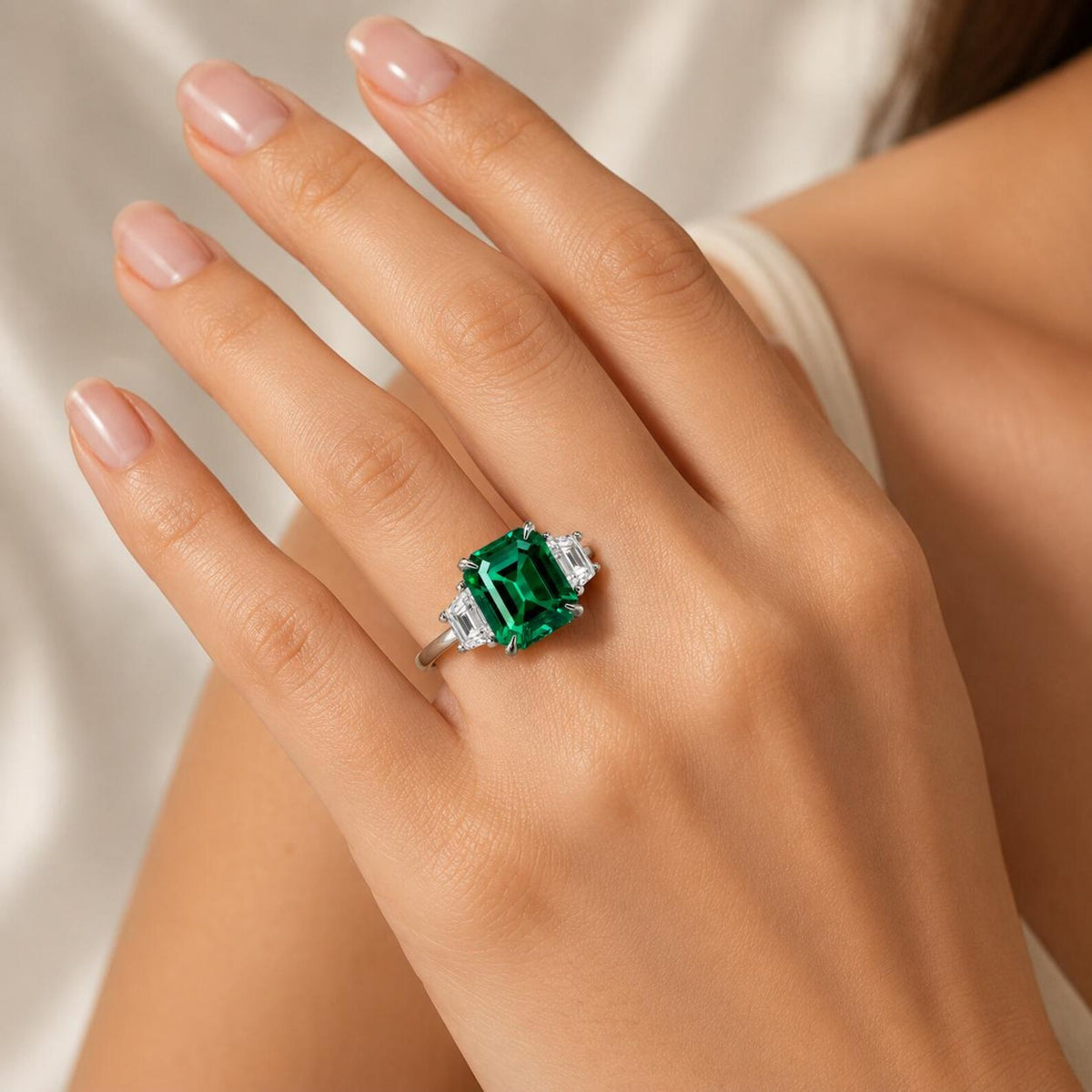 5.00 CT Emerald Cut Emerald Engagement Ring with Trapezoid 14K Solid White Gold, Emerald Three Stone Ladies Ring, Unique Emerald Wedding Ring  #7080