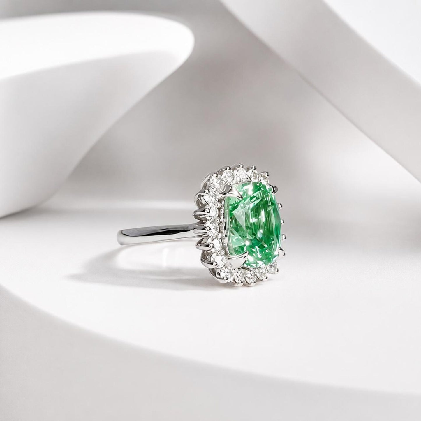 Green Paraiba Elongated Cushion Cut and Moissanite Halo Engagement Ring White Gold  Unique Vintage Anniversary Promise Wedding Rings   #7405