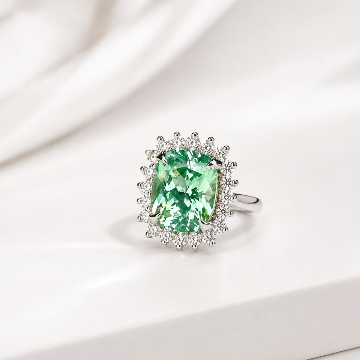 Green Paraiba Elongated Cushion Cut and Moissanite Halo Engagement Ring White Gold  Unique Vintage Anniversary Promise Wedding Rings   #7405