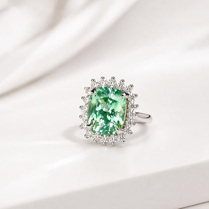 Green Paraiba Elongated Cushion Cut and Moissanite Halo Engagement Ring White Gold  Unique Vintage Anniversary Promise Wedding Rings   #7405