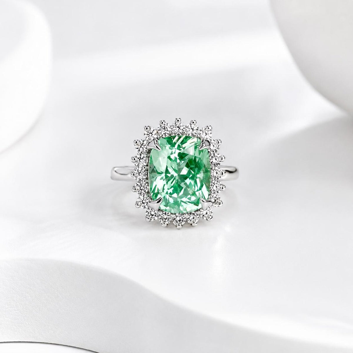 Green Paraiba Elongated Cushion Cut and Moissanite Halo Engagement Ring White Gold  Unique Vintage Anniversary Promise Wedding Rings   #7405