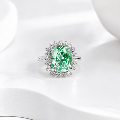 Green Paraiba Elongated Cushion Cut and Moissanite Halo Engagement Ring White Gold  Unique Vintage Anniversary Promise Wedding Rings   #7405