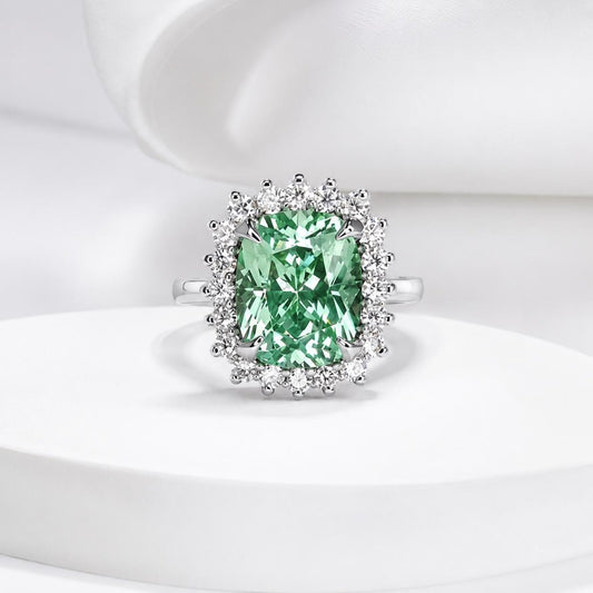 Green Paraiba Elongated Cushion Cut and Moissanite Halo Engagement Ring White Gold  Unique Vintage Anniversary Promise Wedding Rings   #7405