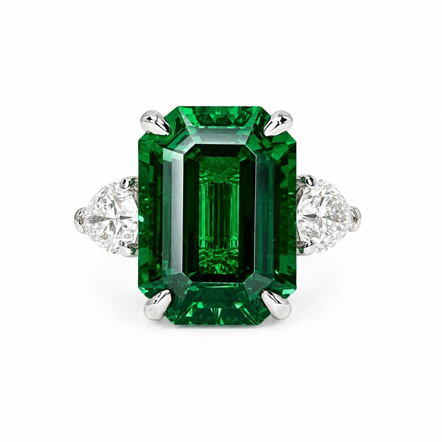 8.50ct Emerald Cut Emerald Engagement Ring 14K Solid gold With Lab Grown Diamond Pear Shaped Accents , May Birthday Gift For Her #8522