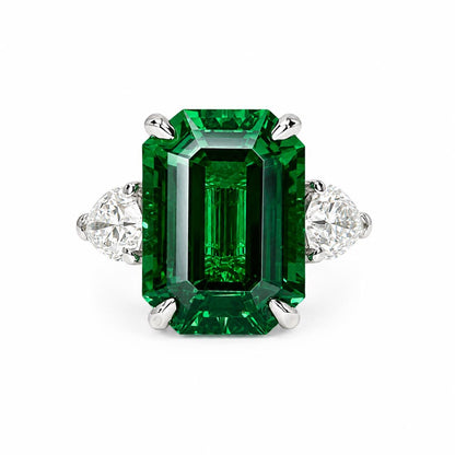 8.50ct Emerald Cut Emerald Engagement Ring 14K Solid gold With Lab Grown Diamond Pear Shaped Accents , May Birthday Gift For Her #8522