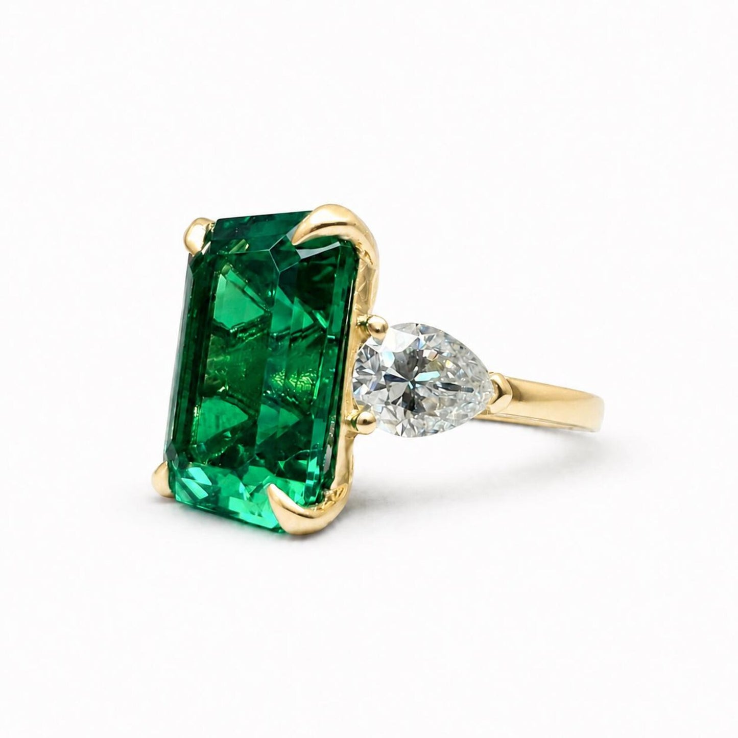 8.50ct Emerald Cut Emerald Engagement Ring 14K Solid gold With Lab Grown Diamond Pear Shaped Accents , May Birthday Gift For Her #8522