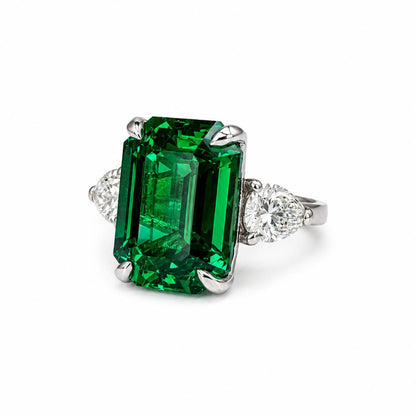 8.50ct Emerald Cut Emerald Engagement Ring 14K Solid gold With Lab Grown Diamond Pear Shaped Accents , May Birthday Gift For Her #8522