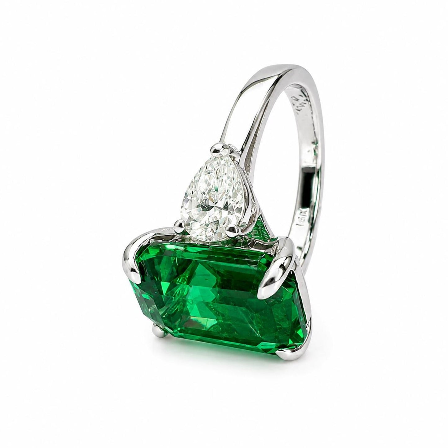 8.50ct Emerald Cut Emerald Engagement Ring 14K Solid gold With Lab Grown Diamond Pear Shaped Accents , May Birthday Gift For Her #8522