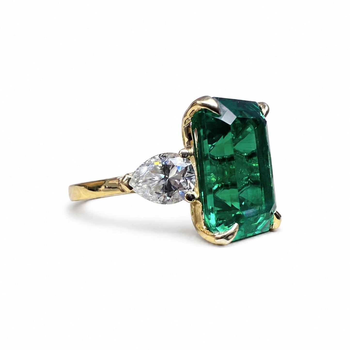 8.50ct Emerald Cut Emerald Engagement Ring 14K Solid gold With Lab Grown Diamond Pear Shaped Accents , May Birthday Gift For Her #8522