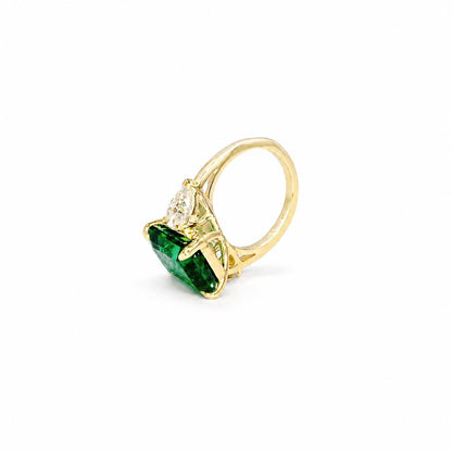 8.50ct Emerald Cut Emerald Engagement Ring 14K Solid gold With Lab Grown Diamond Pear Shaped Accents , May Birthday Gift For Her #8522