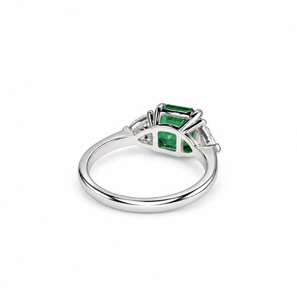 Asscher Cut Emerald And Trillion Moissanite Accents Engagement Ring, 14K White Gold Emerald And Moissanite Three Stone Wedding Ring