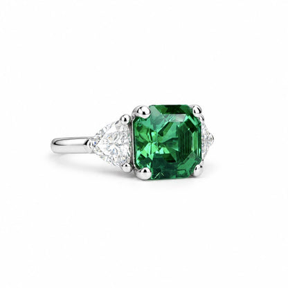 Asscher Cut Emerald And Trillion Moissanite Accents Engagement Ring, 14K White Gold Emerald And Moissanite Three Stone Wedding Ring
