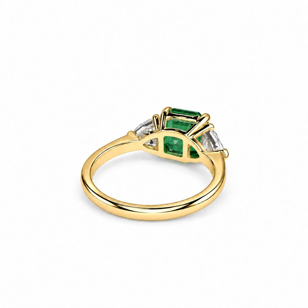Asscher Cut Emerald And Trillion Moissanite Accents Engagement Ring, 14K White Gold Emerald And Moissanite Three Stone Wedding Ring