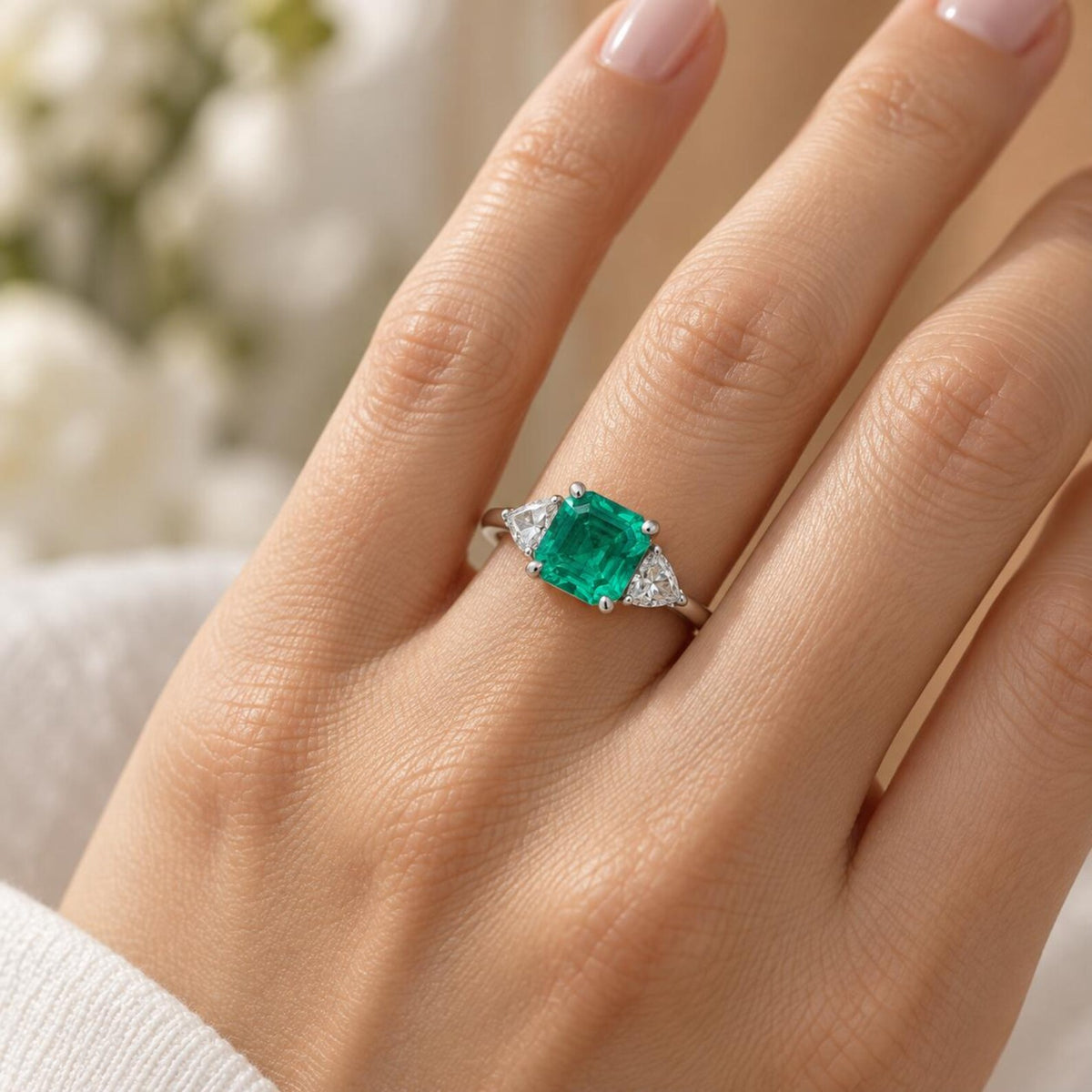 Asscher Cut Emerald And Trillion Moissanite Accents Engagement Ring, 14K White Gold Emerald And Moissanite Three Stone Wedding Ring