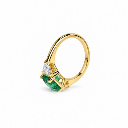 Asscher Cut Emerald And Trillion Moissanite Accents Engagement Ring, 14K White Gold Emerald And Moissanite Three Stone Wedding Ring