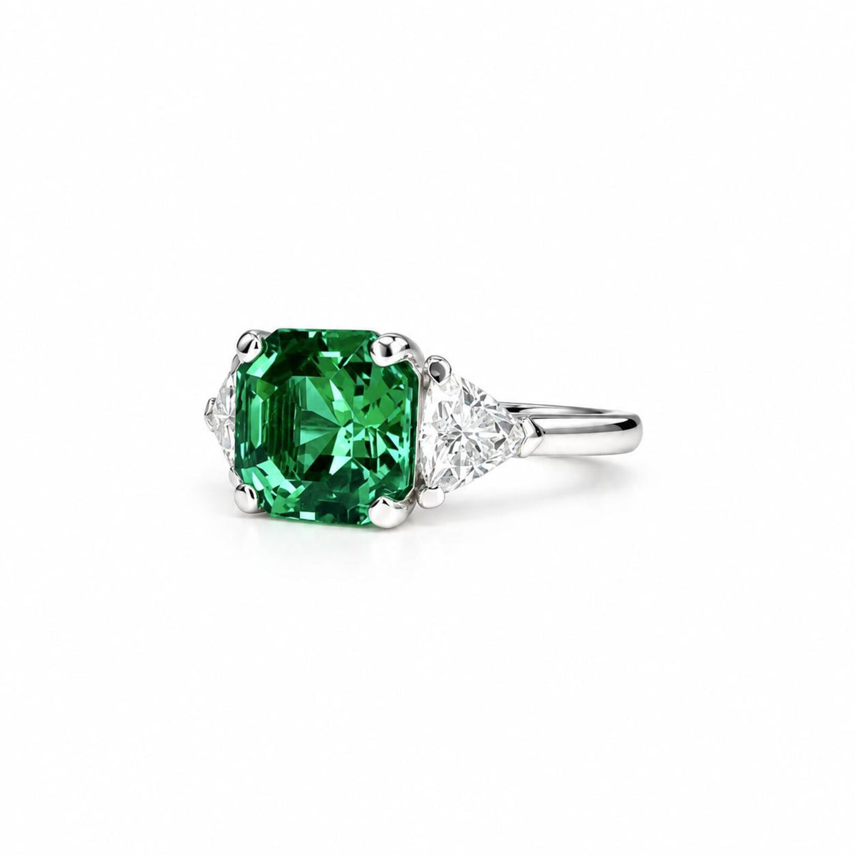Asscher Cut Emerald And Trillion Moissanite Accents Engagement Ring, 14K White Gold Emerald And Moissanite Three Stone Wedding Ring