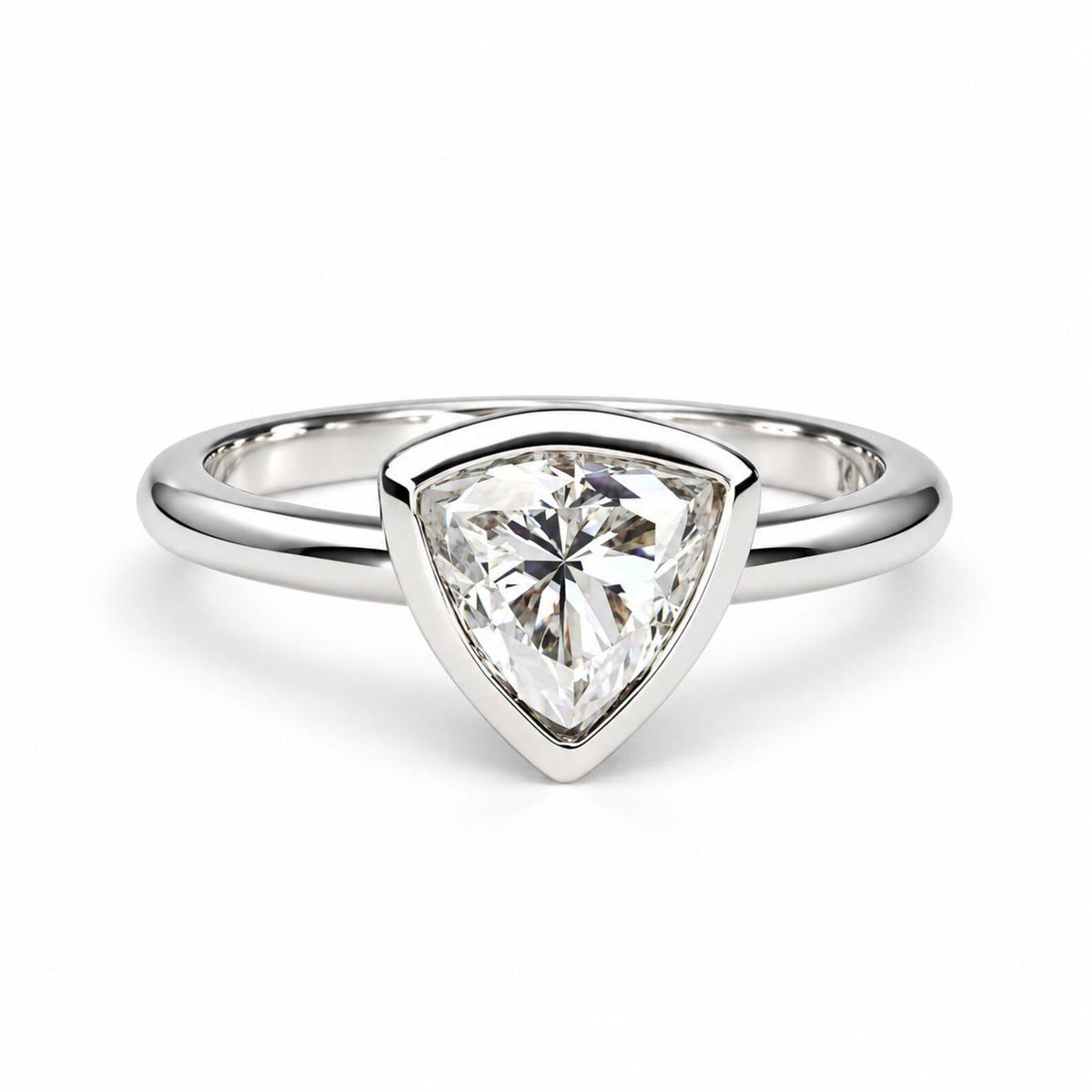 Bezel Set Moissanite Engagement Ring | Trillion Cut Moissanite Wedding Ring | Unique Bezel Set Solitaire 14K Solid White/Yellow Gold | #8085