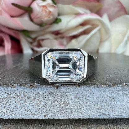 Mens moissanite diamond wedding ring 14k white gold, unique moissanite mens ring, emerald cut mens anniversary gift, mans band ring,   #7495