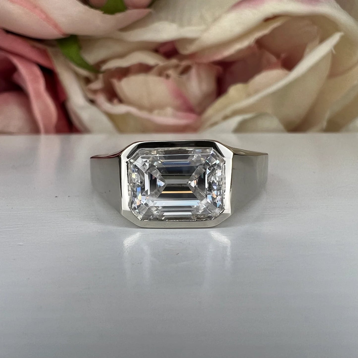 Mens moissanite diamond wedding ring 14k white gold, unique moissanite mens ring, emerald cut mens anniversary gift, mans band ring,   #7495