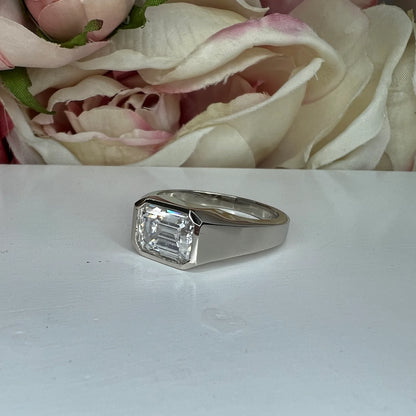 Mens moissanite diamond wedding ring 14k white gold, unique moissanite mens ring, emerald cut mens anniversary gift, mans band ring,   #7495