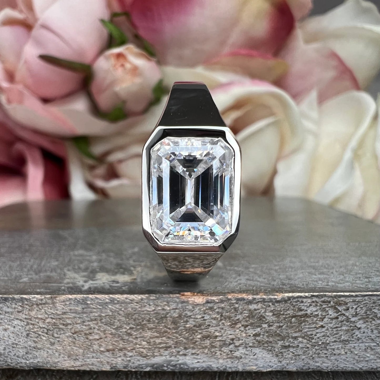 Mens moissanite diamond wedding ring 14k white gold, unique moissanite mens ring, emerald cut mens anniversary gift, mans band ring,   #7495