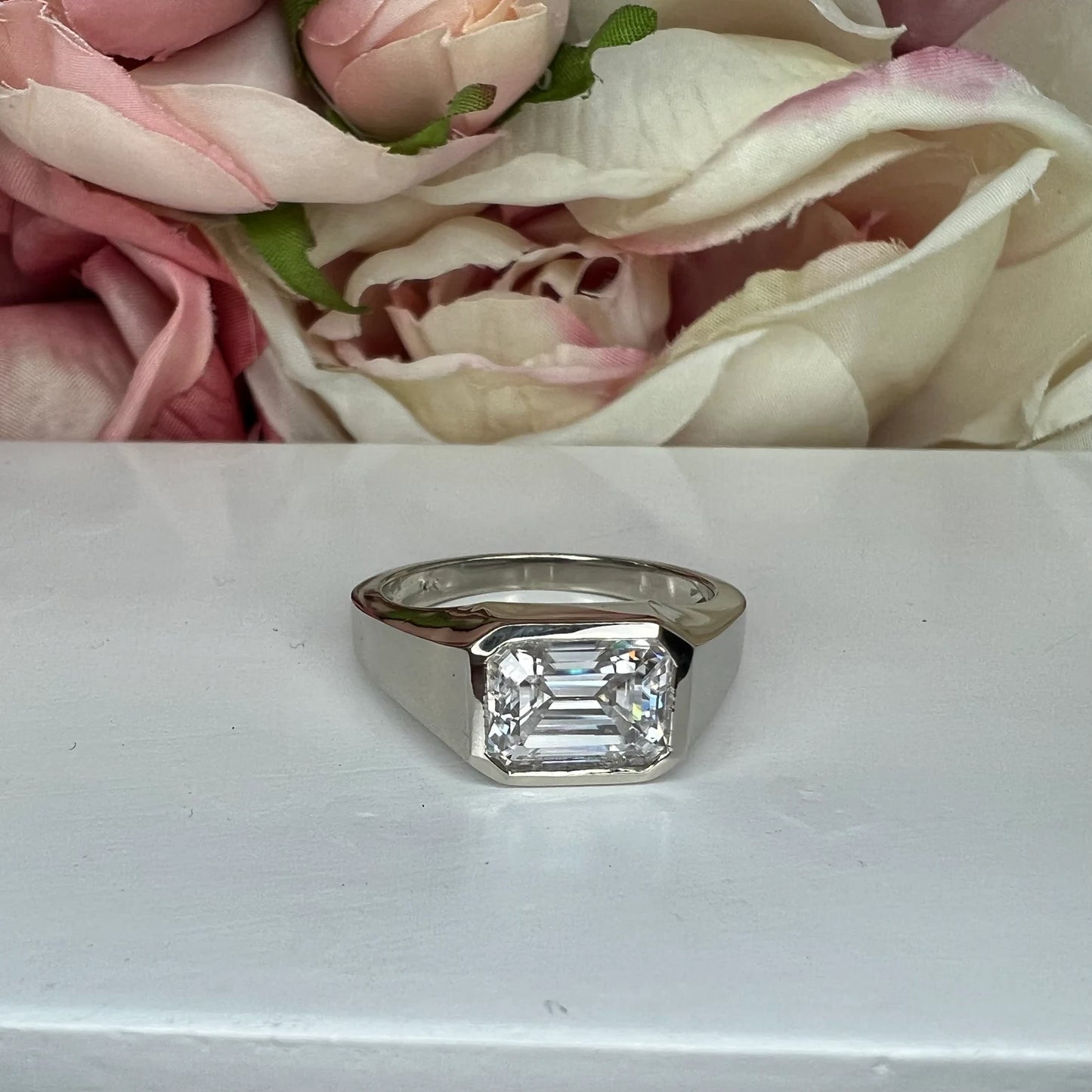 Mens moissanite diamond wedding ring 14k white gold, unique moissanite mens ring, emerald cut mens anniversary gift, mans band ring,   #7495