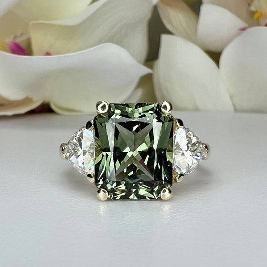 Radiant Cut Olive Green Sapphire Engagement Ring With Trillion Moissanite Accents 14k Solid Gold Three Stone Unique Olive Green Ring #8480