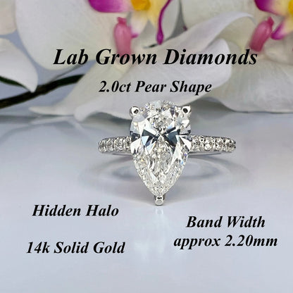 2.50 Carat Pear Lab Grown Diamond Engagement Ring 14k Gold Hidden Halo, IGI Certified #7985