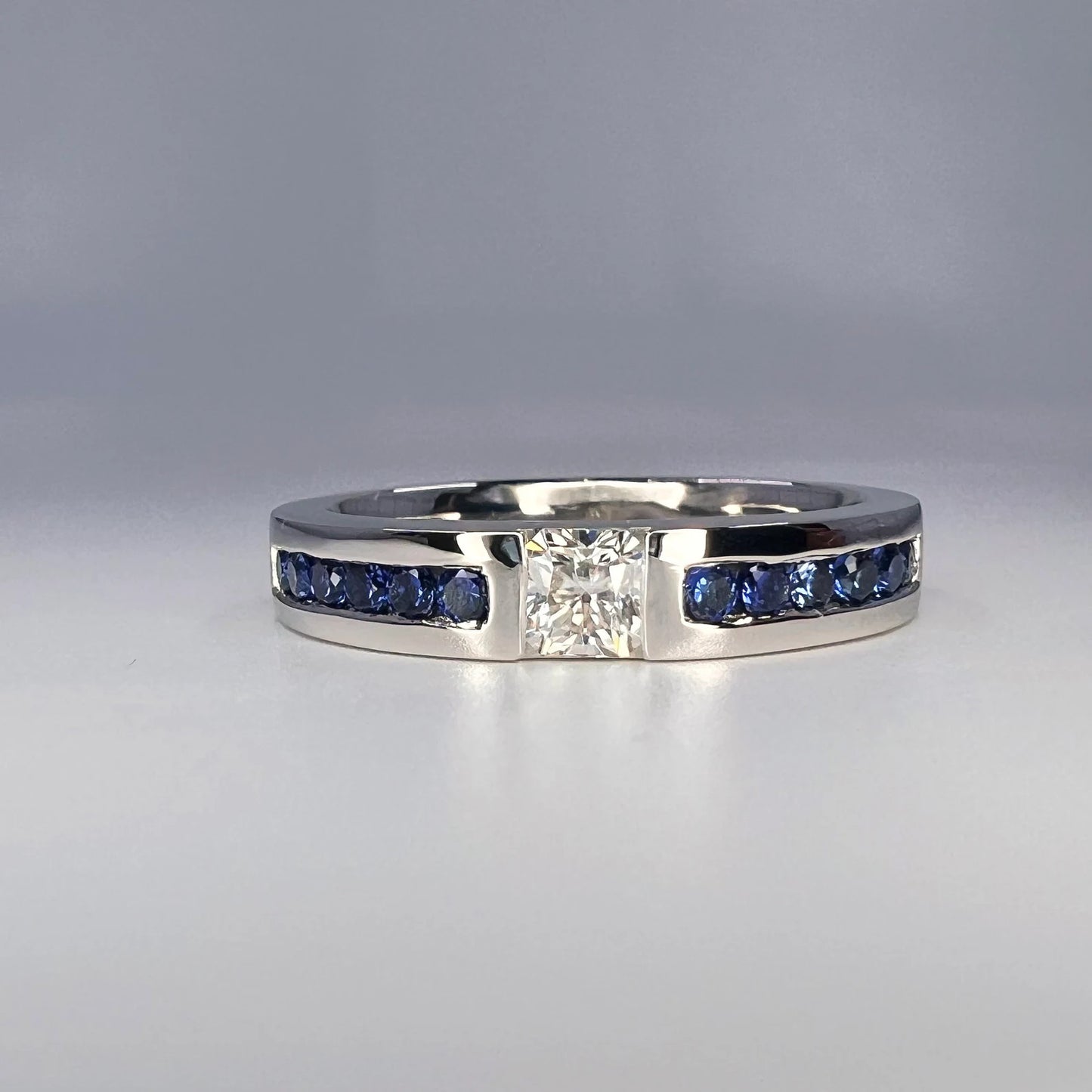 Mens Moissanite and Blue Sapphire Wedding Band 14K Solid Gold Mens White Gold Wedding Band, Wide Wedding Band, Blue Sapphire Mens Band #8183