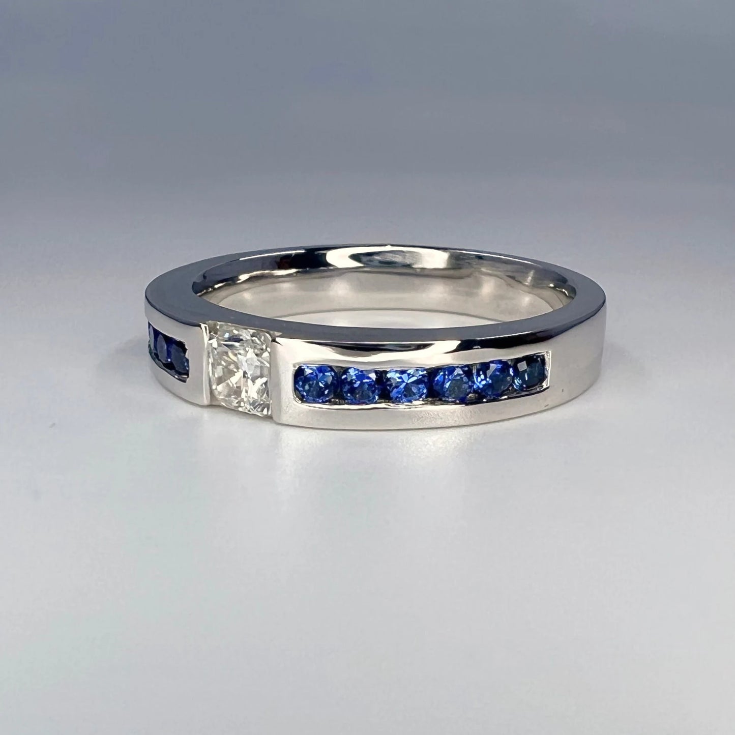 Mens Moissanite and Blue Sapphire Wedding Band 14K Solid Gold Mens White Gold Wedding Band, Wide Wedding Band, Blue Sapphire Mens Band #8183