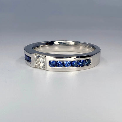 Mens Moissanite and Blue Sapphire Wedding Band 14K Solid Gold Mens White Gold Wedding Band, Wide Wedding Band, Blue Sapphire Mens Band #8183