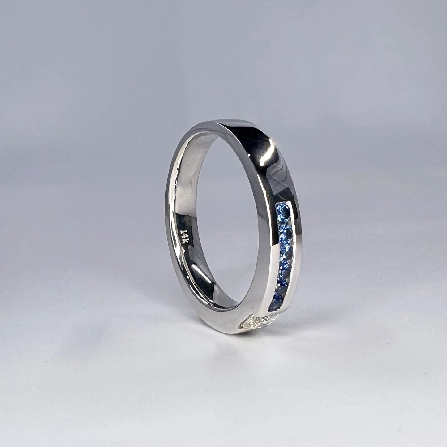 Mens Moissanite and Blue Sapphire Wedding Band 14K Solid Gold Mens White Gold Wedding Band, Wide Wedding Band, Blue Sapphire Mens Band #8183