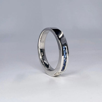Mens Moissanite and Blue Sapphire Wedding Band 14K Solid Gold Mens White Gold Wedding Band, Wide Wedding Band, Blue Sapphire Mens Band #8183