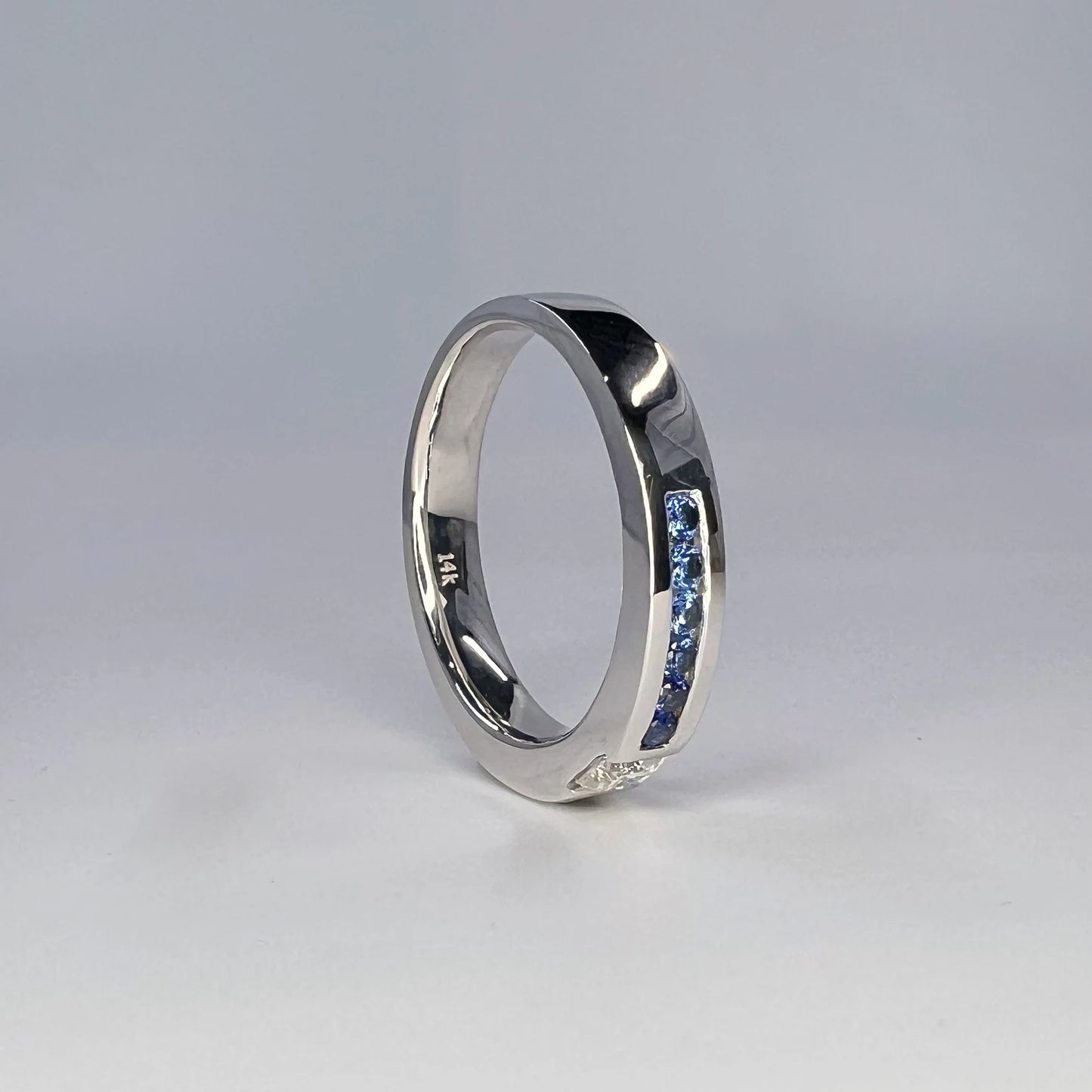 Mens Moissanite and Blue Sapphire Wedding Band 14K Solid Gold Mens White Gold Wedding Band, Wide Wedding Band, Blue Sapphire Mens Band #8183