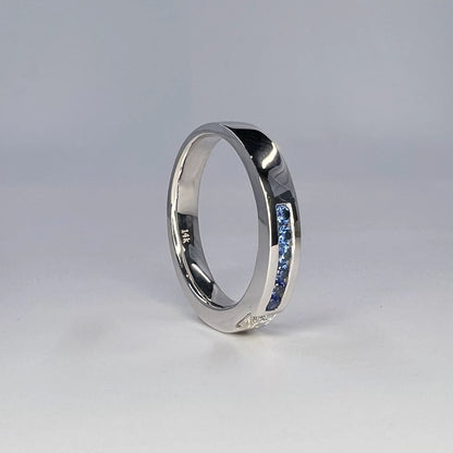 Mens Moissanite and Blue Sapphire Wedding Band 14K Solid Gold Mens White Gold Wedding Band, Wide Wedding Band, Blue Sapphire Mens Band #8183
